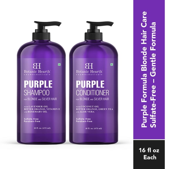 BOTANIC HEARTH Purple Shampoo and Conditioner Set - for All Shades of Blonde, Silver and Gray Hair - Enhances Highlights - Sulfate Free, Paraben Free, 16 fl oz each