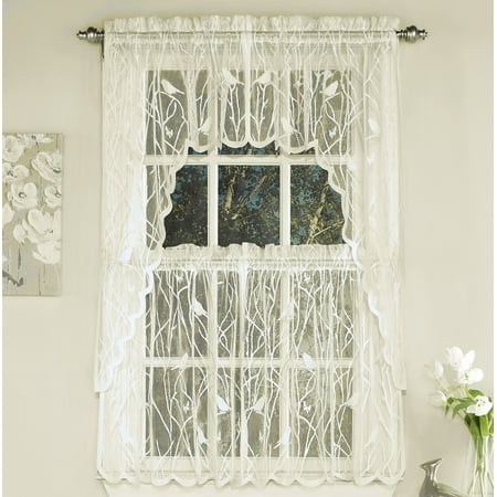 Bird Lace Ivory 36 Kitchen Curtain, Scalloped Lace Curtains