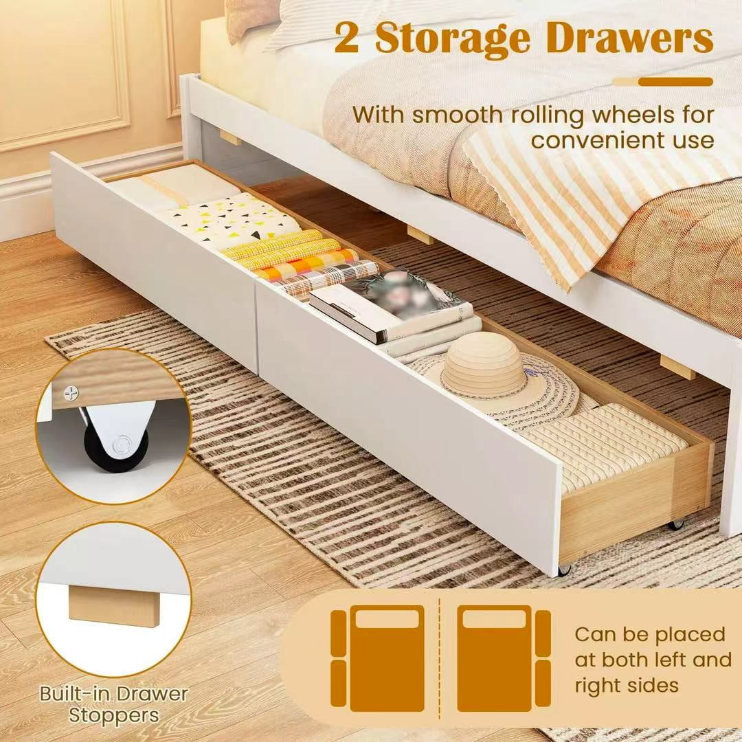 Auranook Queen Size Wooden Bed Frame w/2 Rolling Storage Drawers Wood Slat Support
