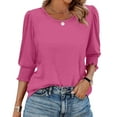 thumbnail image 4 of bbyeadc Pink Tops for Women Round Neck Smocked Cuff Ruched Shirts Three Quarter Sleeve Dressy Casual Loose Fit Basic Trendy Tops Summer Basic Business Casual Blouses, Hot Pink 2XL, 4 of 7