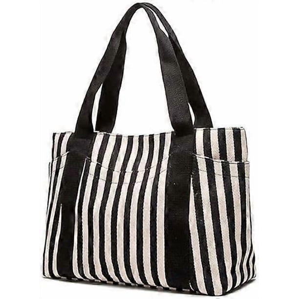 Striped Tote Handbag Classic Black White Print Street Daily Bag with 7 Pockets Gifts for Women