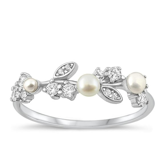 White Cubic Zirconia Simulated Pearl Vine Ring 925 Sterling Silver Leaf Band Jewelry Female Size 7