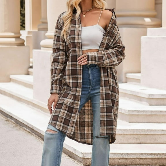 plaid jacket Women's Flannel Plaid Shacket Jackets 2023 Fall Lapel Button Down Coats Shirts 2023 Long Sleeve Shackets Tops womens plaid jacket hooded