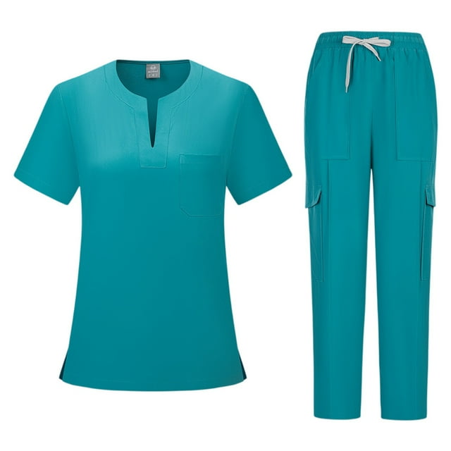 Ktyne Ensembles de Sarraus pour Femmes P Uniforme d'Infirmière Extensible à Manches Courtes Sarrau et Pantalon Ensembles de Sarraus de Couleur Unie avec Multiples Poches Turquoise S