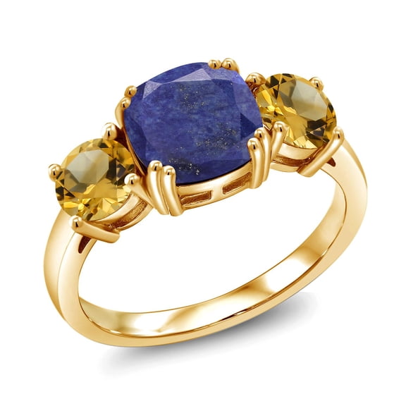 Gem Stone King 18K Yellow Gold Plated Silver Blue Lapis and Yellow Citrine 3-Stone Engagement Ring for Women | 3.45 Cttw | Cushion 8MM | Wedding Engagement Anniversary Promise Ring for Women | Size 9