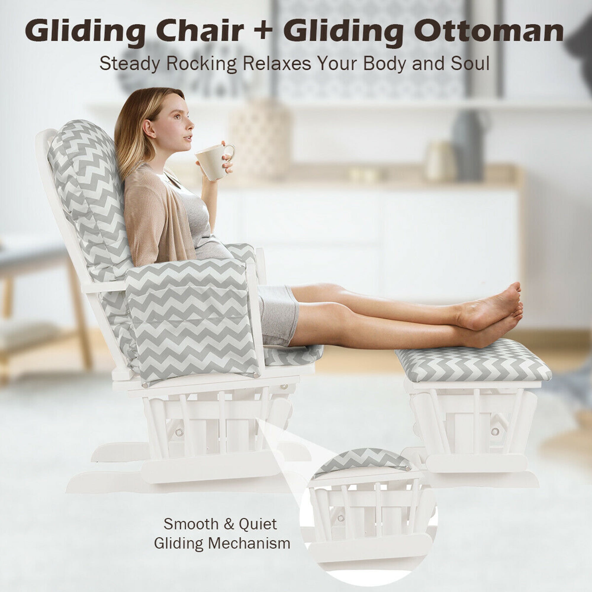 Gymax Baby Nursery Rocking Chair Glider and Ottoman Cushion Set Wood Grey + White