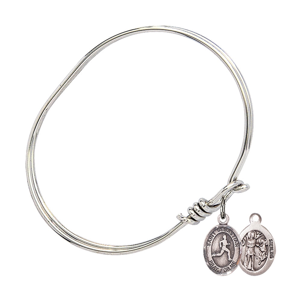 5 3/4 inch Oval Eye Hook Bangle Bracelet w/ St. Sebastian/Track & Field in Sterling Silver