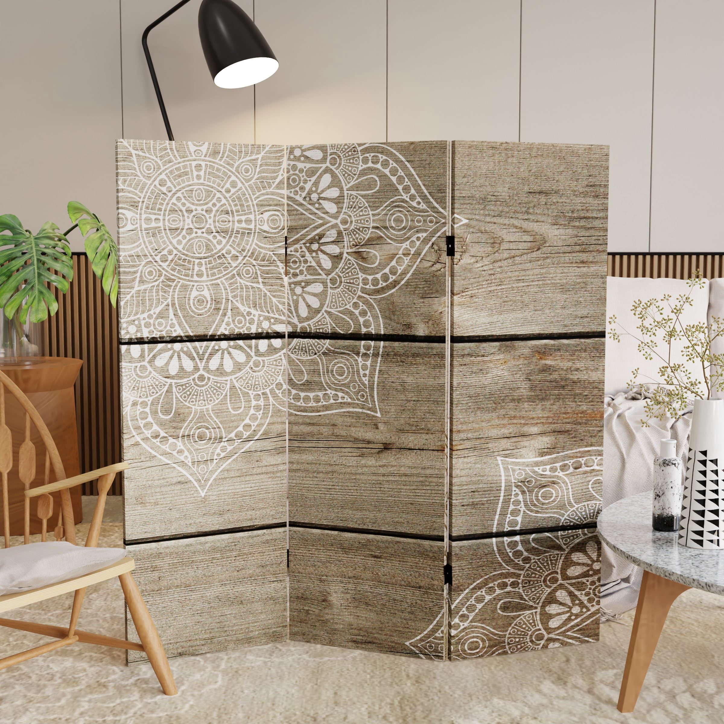 4 ft. Short Double Sided Mandala on Oak Canvas Folding Screen