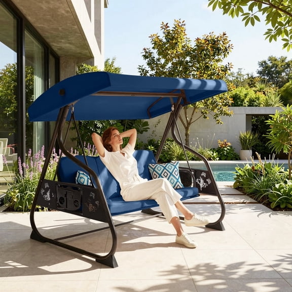 YIKEMA Freestanding Canopy Porch Swing with Stand, 3-Seat Steel Patio Swing, Blue