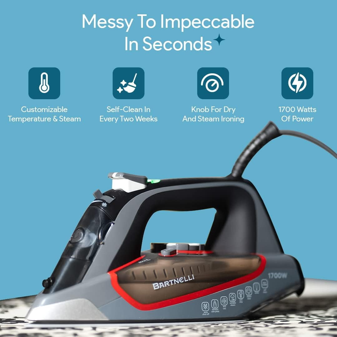 Bartnelli 1700W Pro Luxury Steam Iron for Clothes with Non Stick Ceramic Soleplate, Red, Steam Iron, Iron