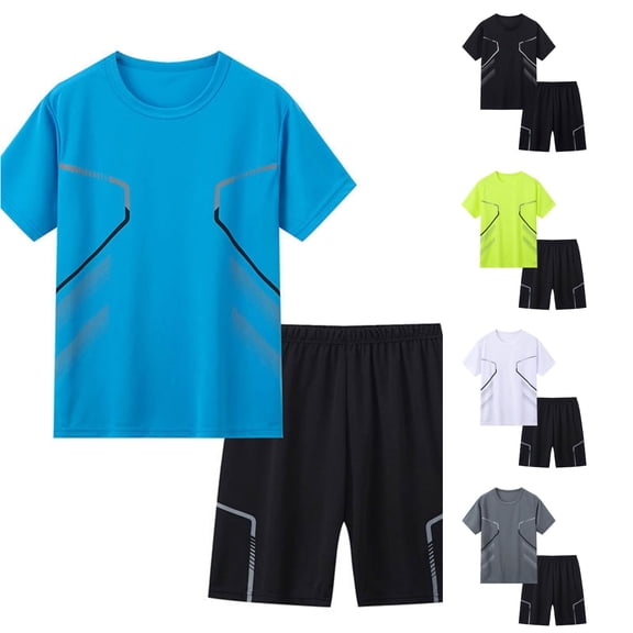 CUZIBR Boys Outfits Sets Color Block Geometric Line Print Athletic Outfit Round Neck Short Sleeve T-Shirt Elastic Waist Sport Shorts 2 Pieces Quick Dry Casual Tracksuit,Blue,15-16 Years