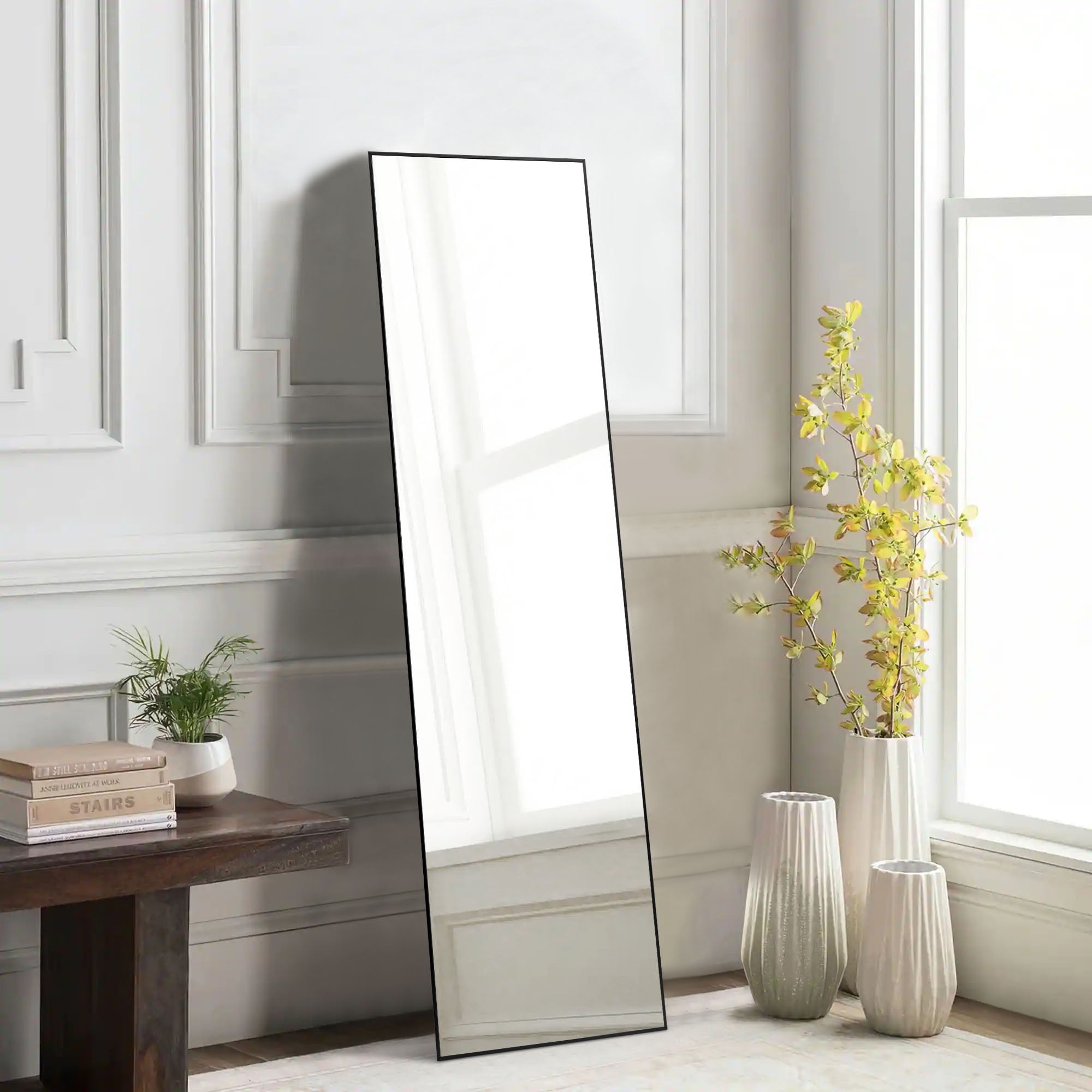 Gianna 59"x16" Full Length Rectangular Mirror Wall or Leaning Aluminum Alloy Frame with Stand Black