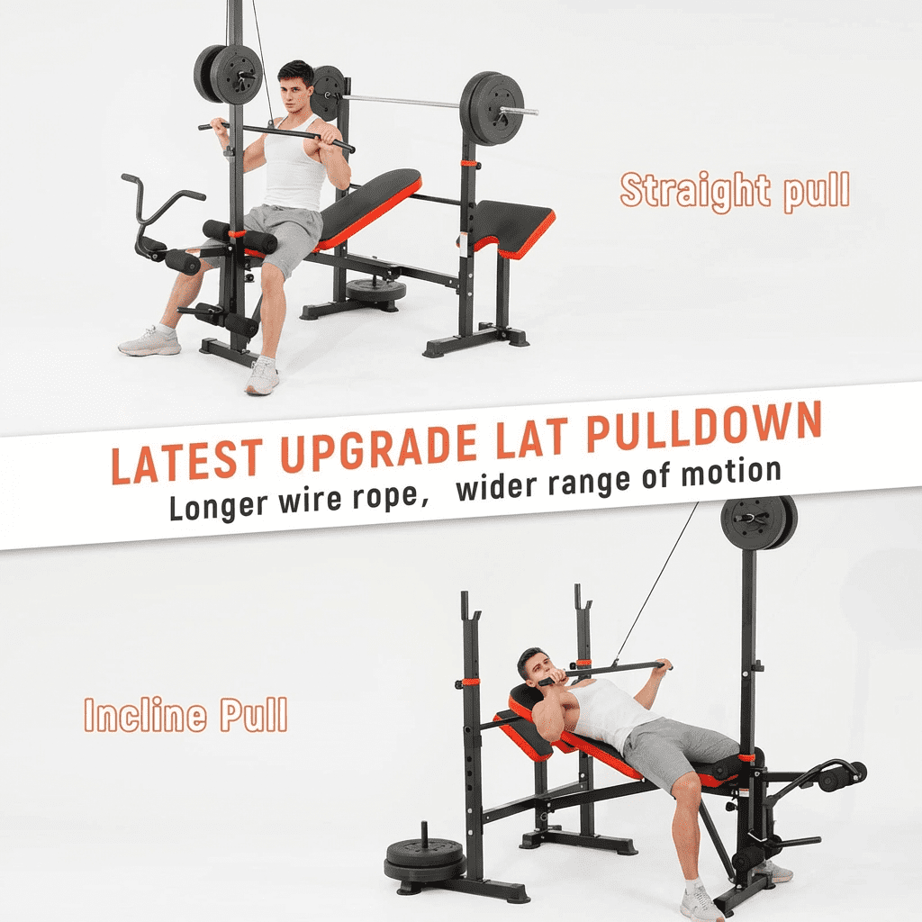 PUATUL 1500LB 8 IN 1 Weight Bench with Lat Pulldown and Leg Extension/Curl, Foldable Bench Press with Preacher Curl & Squat Rack, Workout Benches with Safety Bar Catches for Home Gym