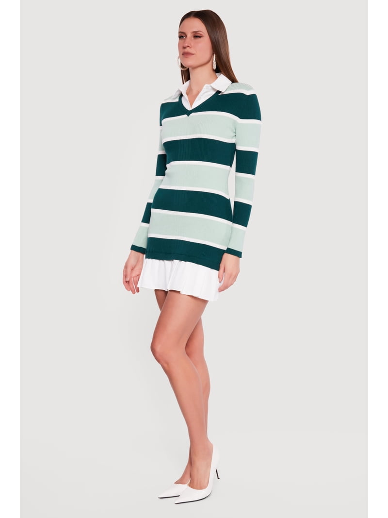 layered sweater dress The Looker V-Neck Dress, M, Camel Melange with White Underlayer | Women's Dresses-Jumpsuits It looks like youre wearing a chic sweater over a pleated mini skirt Navy Layered Pleated Sweater Mini