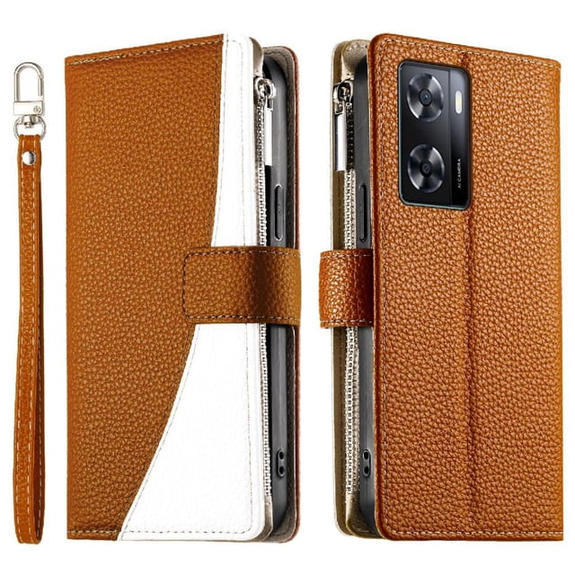 Funda cartera GANGXUN para OPPO A57 4G/A77 4G , cuero PU con tarjetero, cremallera, correa de mano, soporte y protección 440°