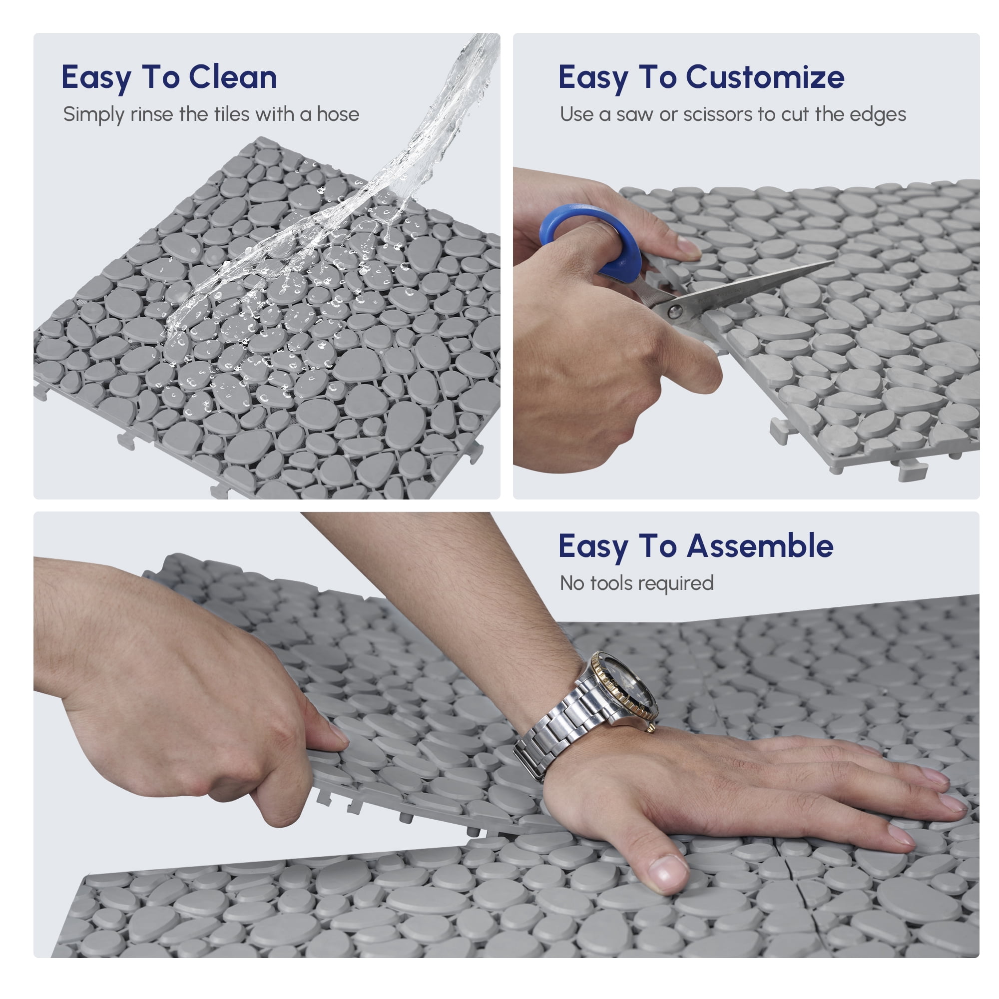 12 x 12 Inch Gray Pebble Stone Pattern Interlocking Deck Tiles, Plastic Waterproof All-Weather Anti-Slip Floor Tiles for Bathroom Shower Balcony Porch Backyard Patio, Pack of 60