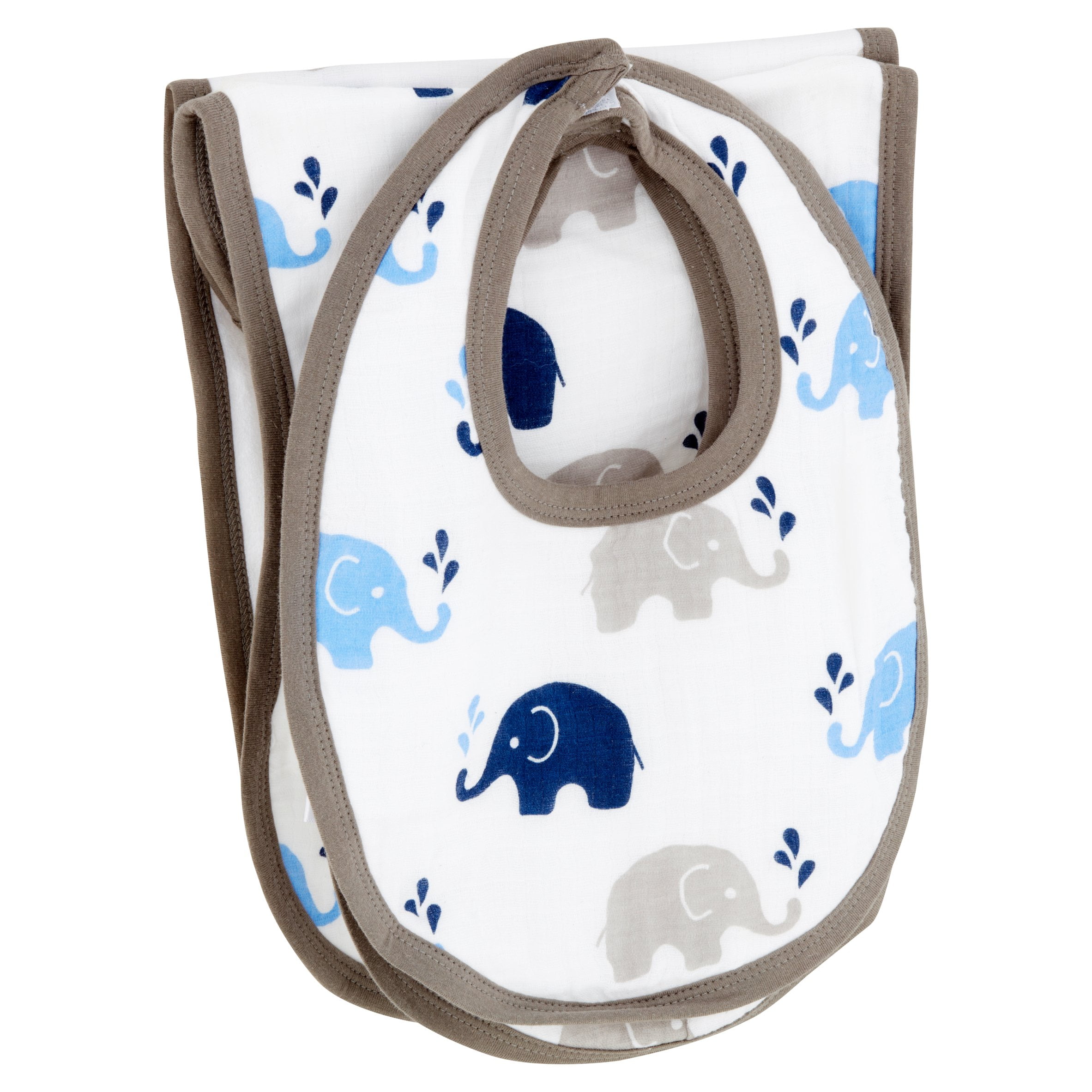 Bacati - Muslin 4 pack Bibs/Burp Cloths Elephants Blue Navy Gray