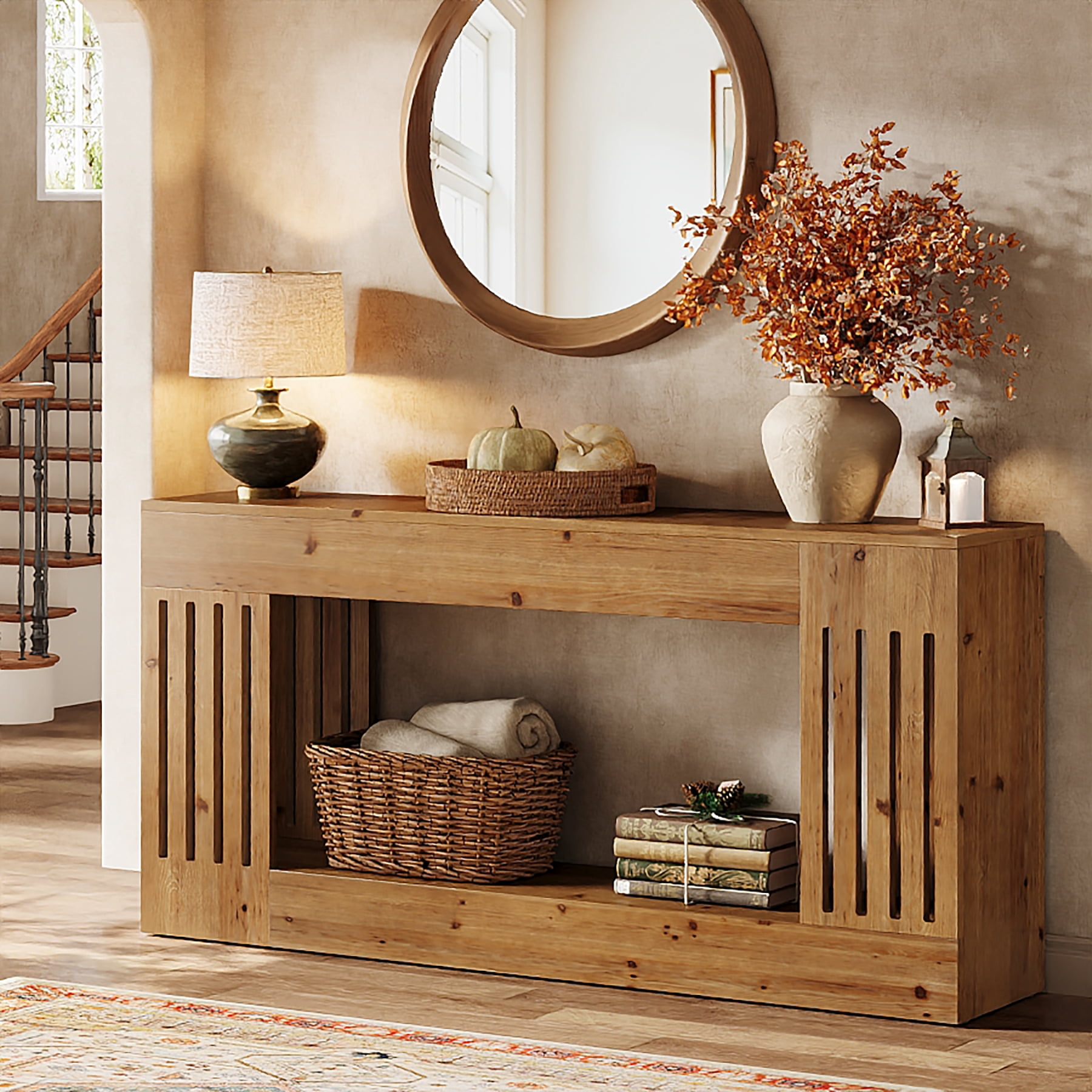 Tribesigns 63-Inch Solid Wood Console Table, Farmhouse Sofa Table with with Vertical Stripe Legs, 2-Tier Entryway Table for Entrance, Hallway, Living Room, Brown