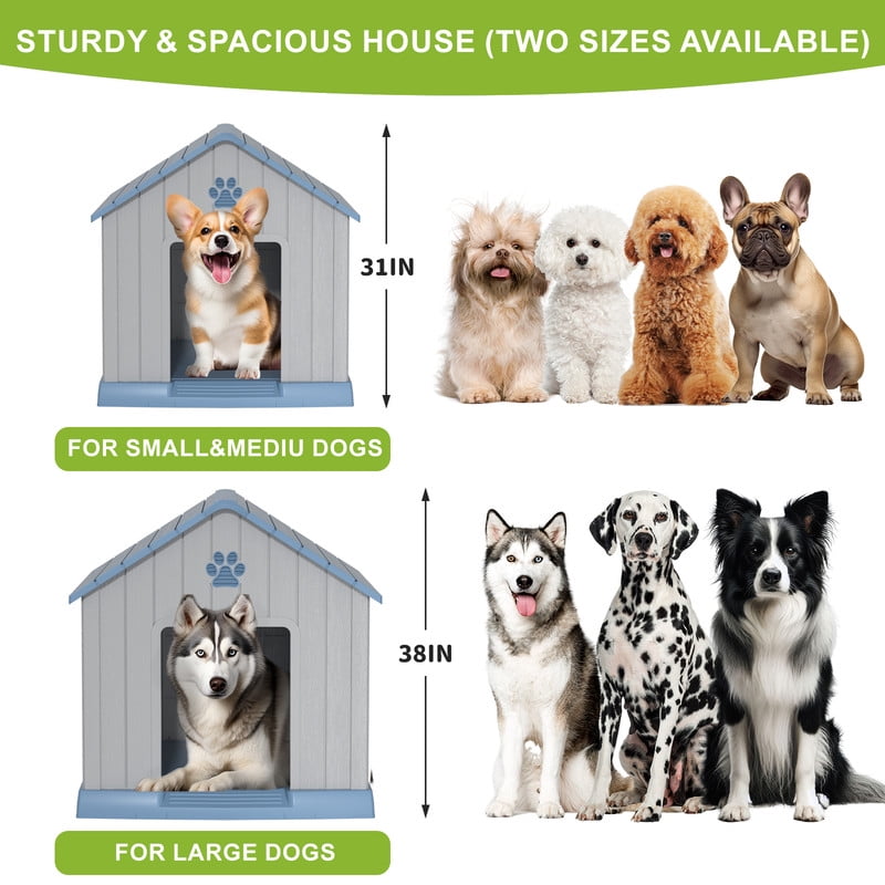 ENNSOO 31-Inch Plastic Outdoor Indoor Dog House with Waterproof, Elevated Floor & Air Vents, Blue