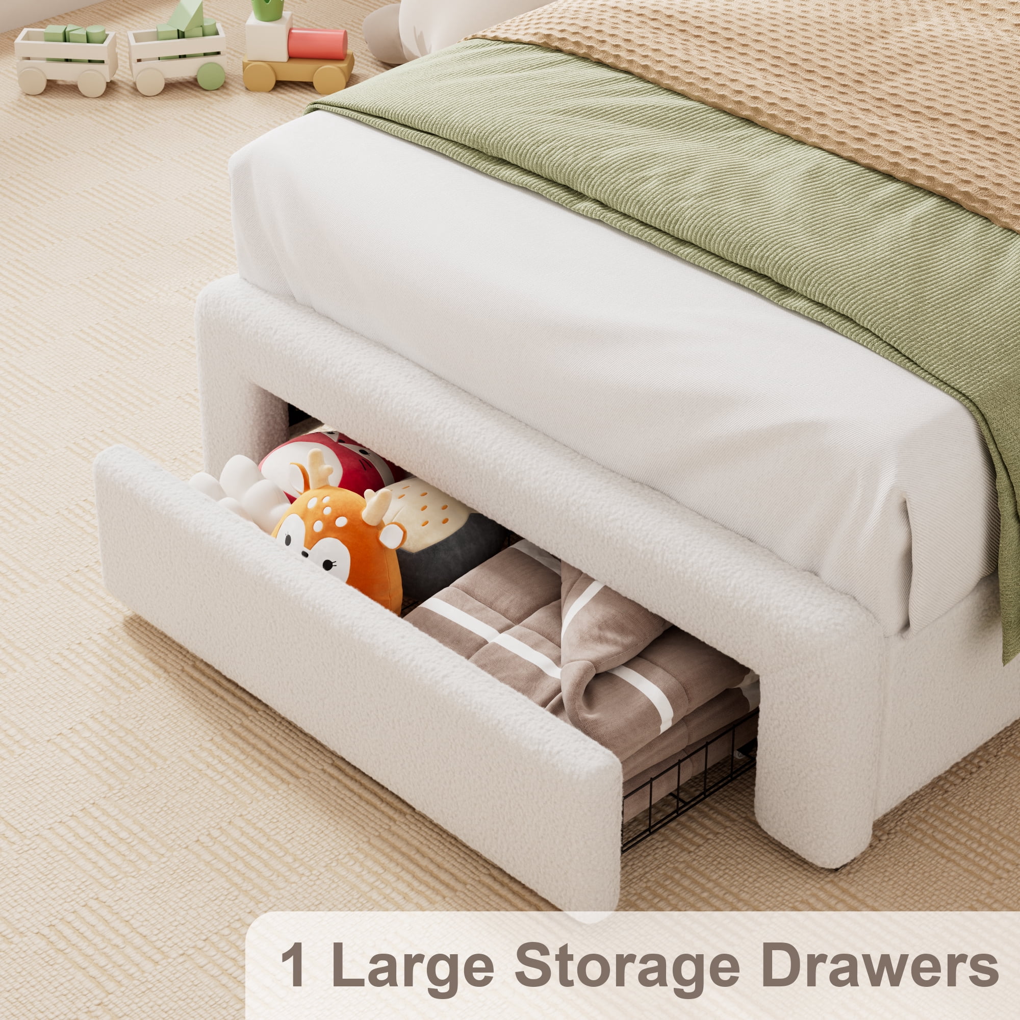 Miniyam Twin Bed with Storage Drawer, Sherpa Upholstered Headboard, LED Light & USB Charging for Kids