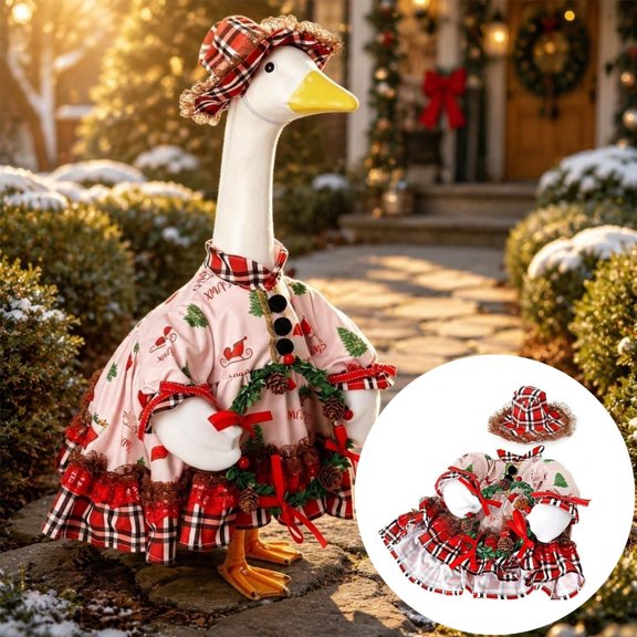 Lilixerw Christmas Goose Dress Outfit with Hat, Plaid Print Themed Costume Set, for Yard, Patio and Porch Ornament Dressing, Fits 23 inch Figurine Christmas Decoration