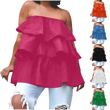 Yuyuzo Hauts Tube pour Femmes Chemises Sans Bretelles Sans Manches Ourlet à Double Volants Décontractées Fluides Hauts de Sortie