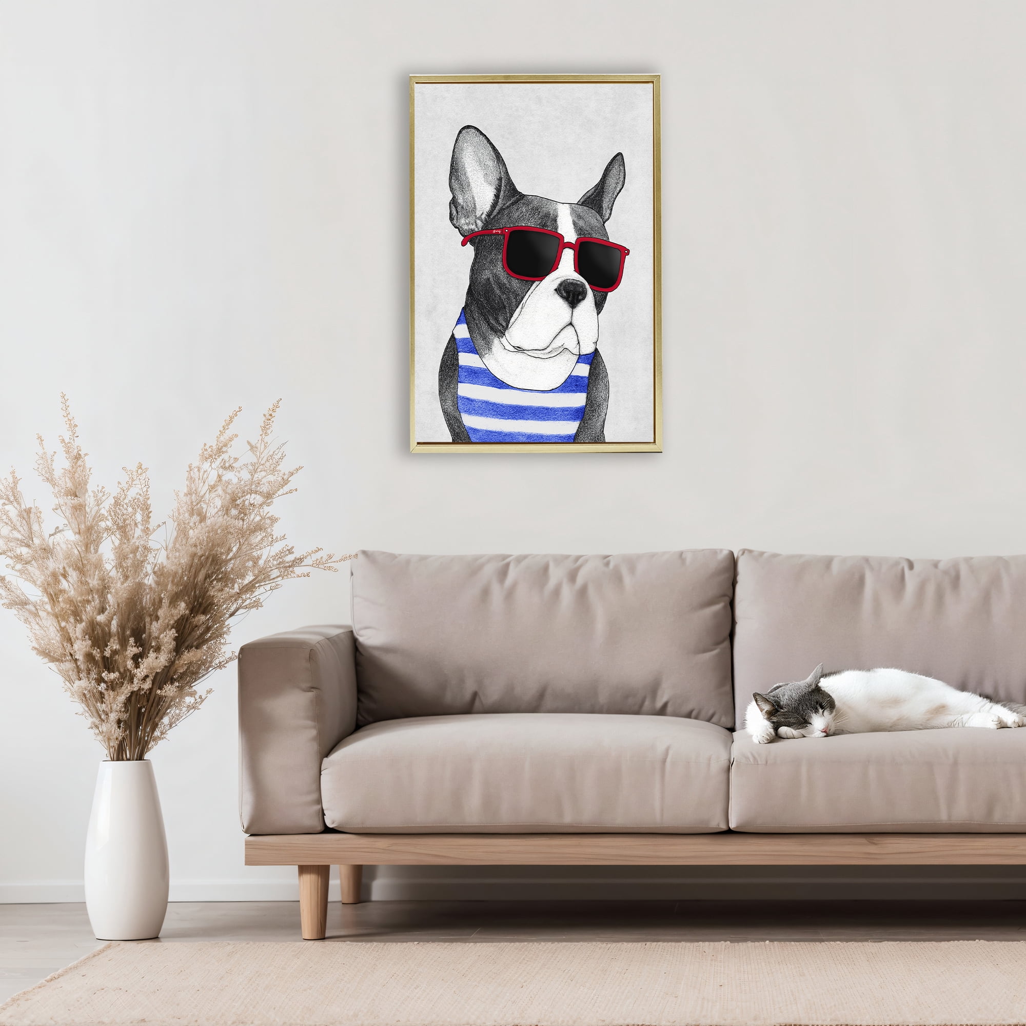 Stupell Industries Frenchie Summer Style Gold Framed Floater Canvas Wall Art, design by Barruff
