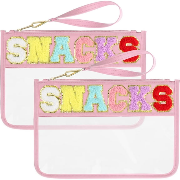 2 PCS Snack Bags Clear Pouch Travel Makeup Bag Chenille Letter Bags for Zipper Pouch Clear Cosmetic Bag Clear Tote Bag Makeup Travel Bag for Women Girls (Pink Pink)