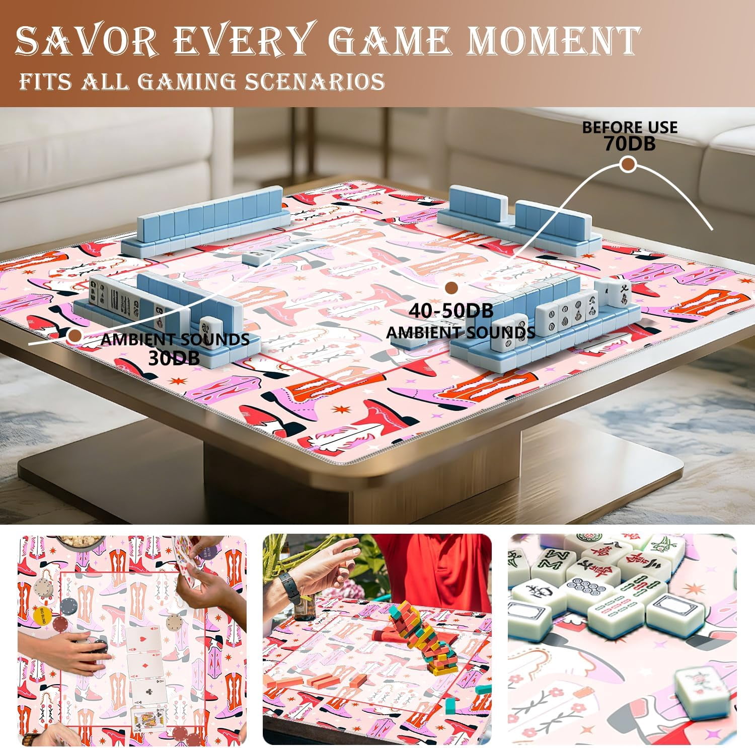 Pink Western Mahjong Mat for Table 31.5x31.5 in, Coquette Preppy Cowgirl Boot Mahjong Table Mat Cover Anti Slip Noise Reduction for Mah Jong Card Board Tile Games