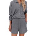 thumbnail image 1 of Conjunto De Pijamas Conjunto De Ropa De Dormir De Color Puro Camisas Con Cuello De Solapa Conjunto De Pantalones Cortos Traje De Pantalones Cortos De Manga Larga Acanalados Gris S, 1 of 6