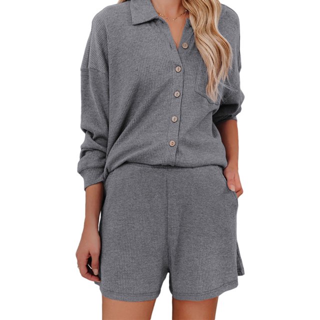 Conjunto De Pijamas Conjunto De Ropa De Dormir De Color Puro Camisas Con Cuello De Solapa Conjunto De Pantalones Cortos Traje De Pantalones Cortos De Manga Larga Acanalados Gris S