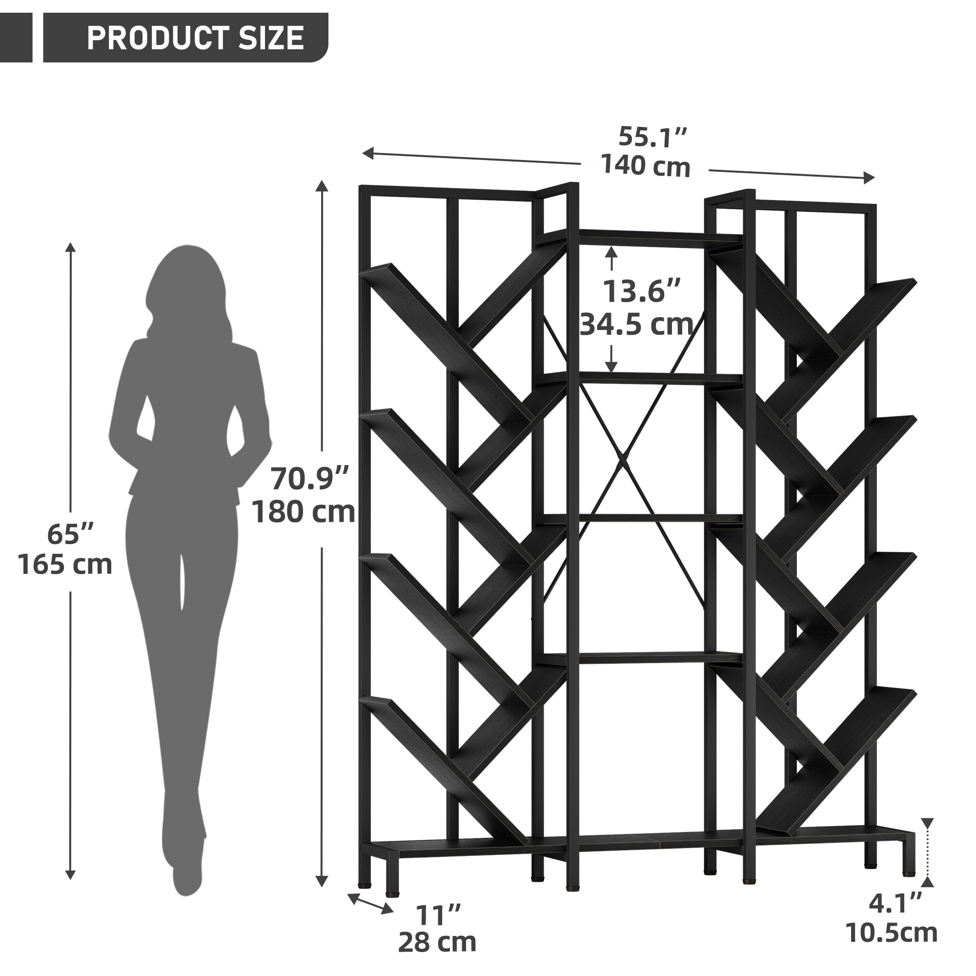 Dextrus 5 Tier Tall Bookshelf, 70.8" Wide Tree Bookcase, Industrial Large Bookshelves, Etagere Storage Display Shelf for Living Room,Bedroom, Home Office, Black