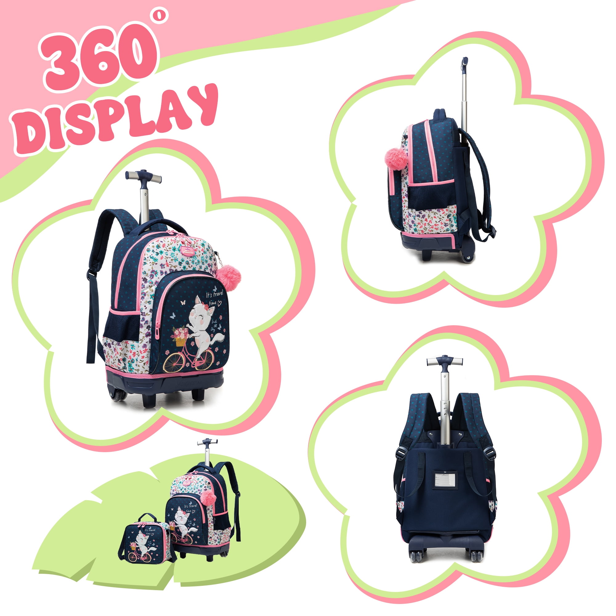 Kids Rolling Backpacks for School Girls with Lunch Box Pencil Case Roller Backpack with Wheels for Elementary Students Ages 8-10