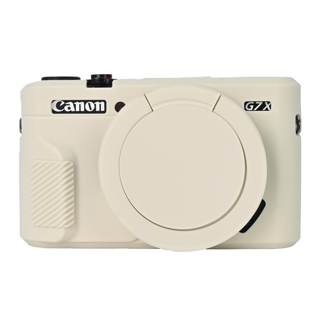 funda protectora easy hood g7x mark ii para canon powershot beige, vista frontal centrada de funda de silicona suave y tenaz con cubierta integrada de lente, agarre texturizado a la izquierda y recortes para botones superiores y emblema G7 X visible; fondo blanco con sombra de estudio; suele utilizarse para proteger la cámara durante viajes.