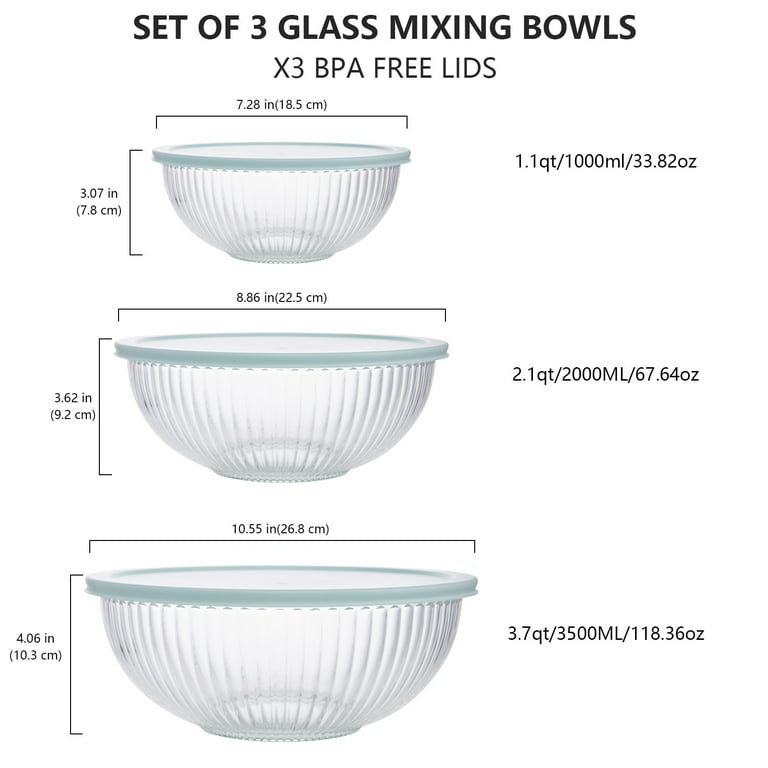 Whiterhino Kitchen Glass Mixing Bowls with Lids ,Clear Nesting Glass Bowls in 3 Size for Meal Prep & Food Storage, Size: 3 Set(Style 2)