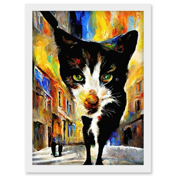 Black Street Cat Walking Bright Neighbourhood Night Artwork Framed Wall Art Print A4