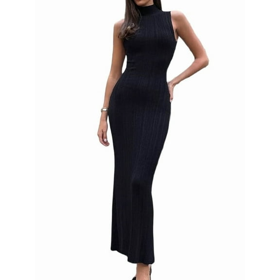 Women'S Casual Maxi Dress Ribbed Knit Sleeveless Slim Fit Elegant Going Out Beach Vacation Clothing Black S