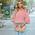 thumbnail image 5 of Women'S Cold Shoulder Mesh Panel 3/4 Bell Sleeve Casual Top Blouse Shirt Pink S, 5 of 7