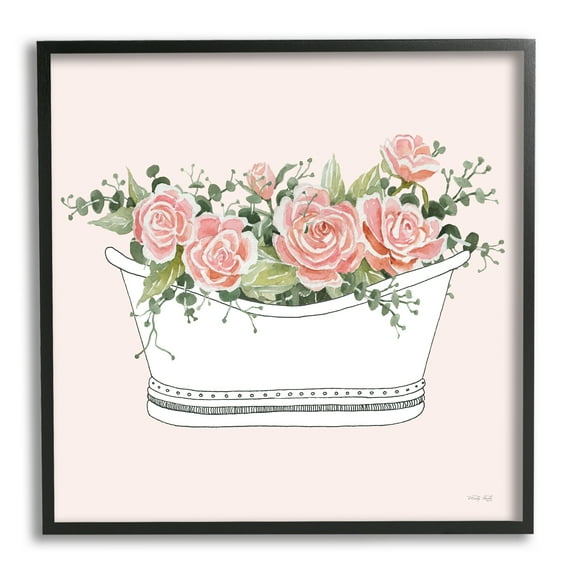 Stupell Industries Pink Rose Blossoms Casual Bathroom Bathtub Planter Graphic Art Black Framed Art Print Wall Art, Design by Cindy Jacobs