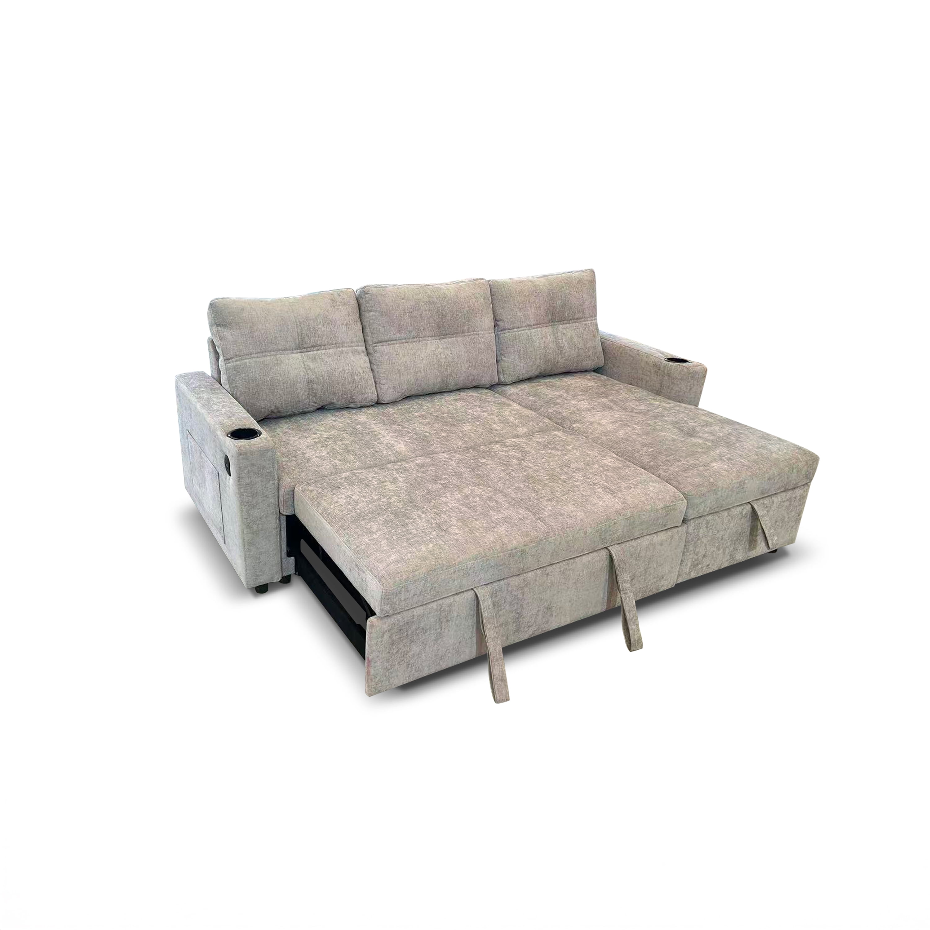 Modern Contemporary Convertible Chaise Sectional with Hidden Storage & Sleeper, Light Grey