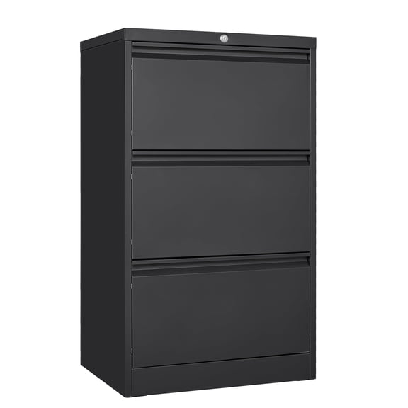 Heavy Duty Lateral File Cabinet with Lock – 3 Drawer Wide Black Metal Filing Cabinet – Secure Storage for Legal/Letter/A4/F4 Files – Card Holder Included – Color: Black, 3 Drawers