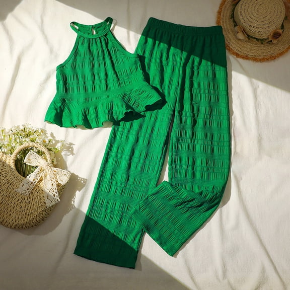Amidoa Girls 2 Piece Outfits Summer Clothes Solid Color Cute Tank Top and Casual Pants Kids Clothing Sets Green Size 12