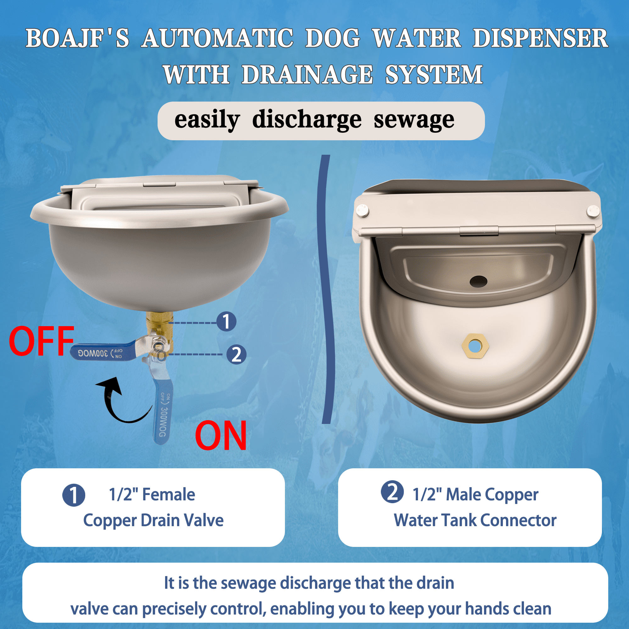 Boajf Automatic Dog Water Dispenser 1 Gallon with Drainage System & Auto Refill, 304 Stainless Steel, Includes Waterer, Drainage Water Valve, 2 Float Valve, Hose Quick Connector, for Horse, Chicken