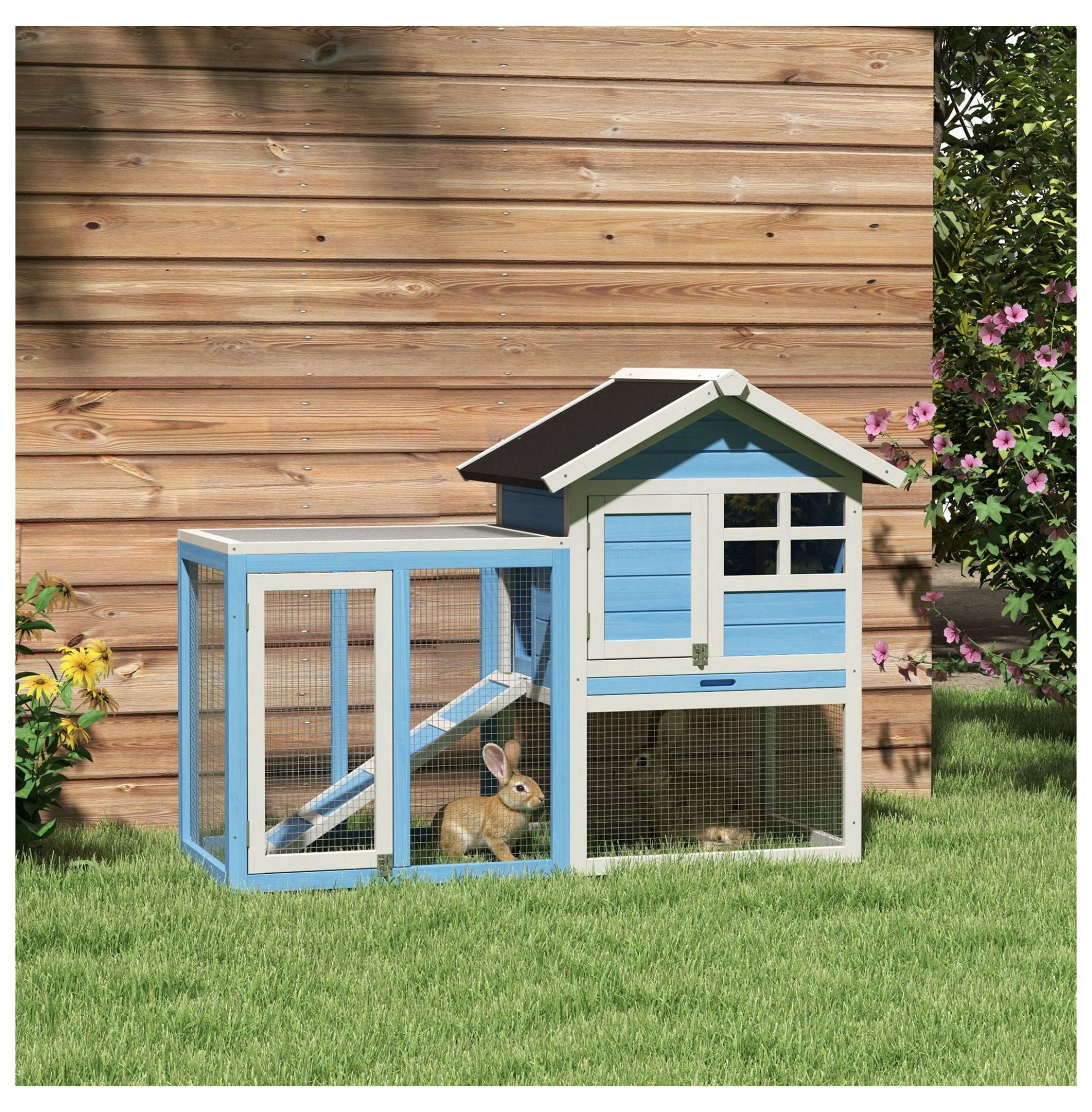 Indoor Rabbit Enclosure, Outdoor Hutch Inch Bunny Cage with Waterproof Roof Run Removable Tray Ramp Light Blue