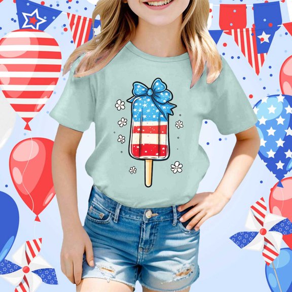 Girls Casual Independence Day Print Tee Short Sleeve Round Neck Blouse Patriotic Summer Tops For Daily Play Party Festive Outfits Breathable Soft Youth Fashion ShirtsMint Green3-4 Years