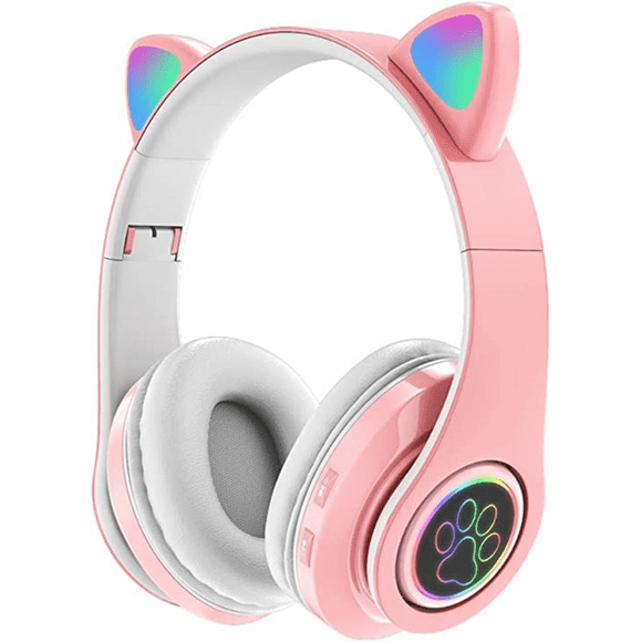 Cat's Ears LED Bluetooth Headphones, Active Noise Cancelling Headphones, Over-the-ear Wireless Headphones, 8 hours of playback time, Hi-fi stereo, Deep bass from music game DJ (Sakura Pink)
