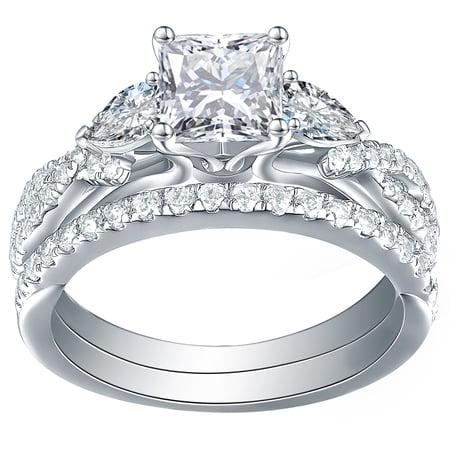 Newshe 1.7ct Princess Pear Wedding Rings for Women White AAAAA Cz Engagement Bridal Ring Set Size 6