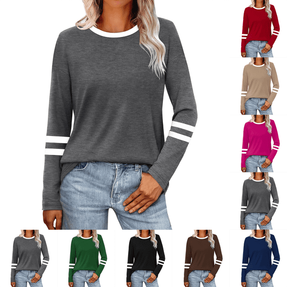 Womens Tops Long Sleeve Round Neck Striped Color Block Tunic Tops Casual Loose Fit Comfortable Soft Basic Tee Blouse