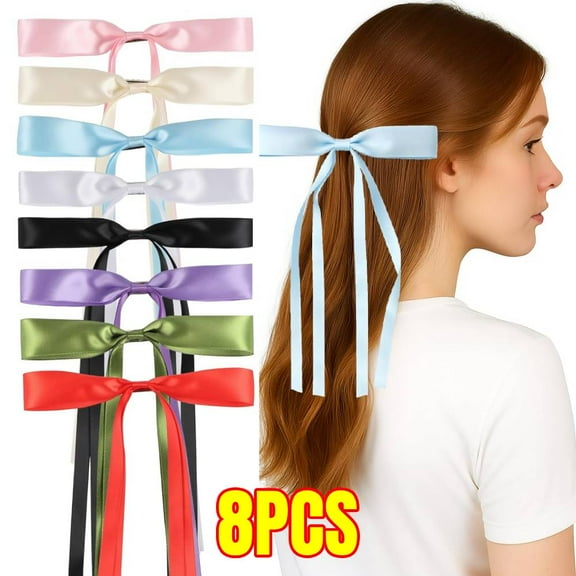 8PCS Hair Bow Clip for Girls & Women, Satin Ribbon Bows with Long Tails, Aesthetic Ballet Cute Harajuku Hair Accessories