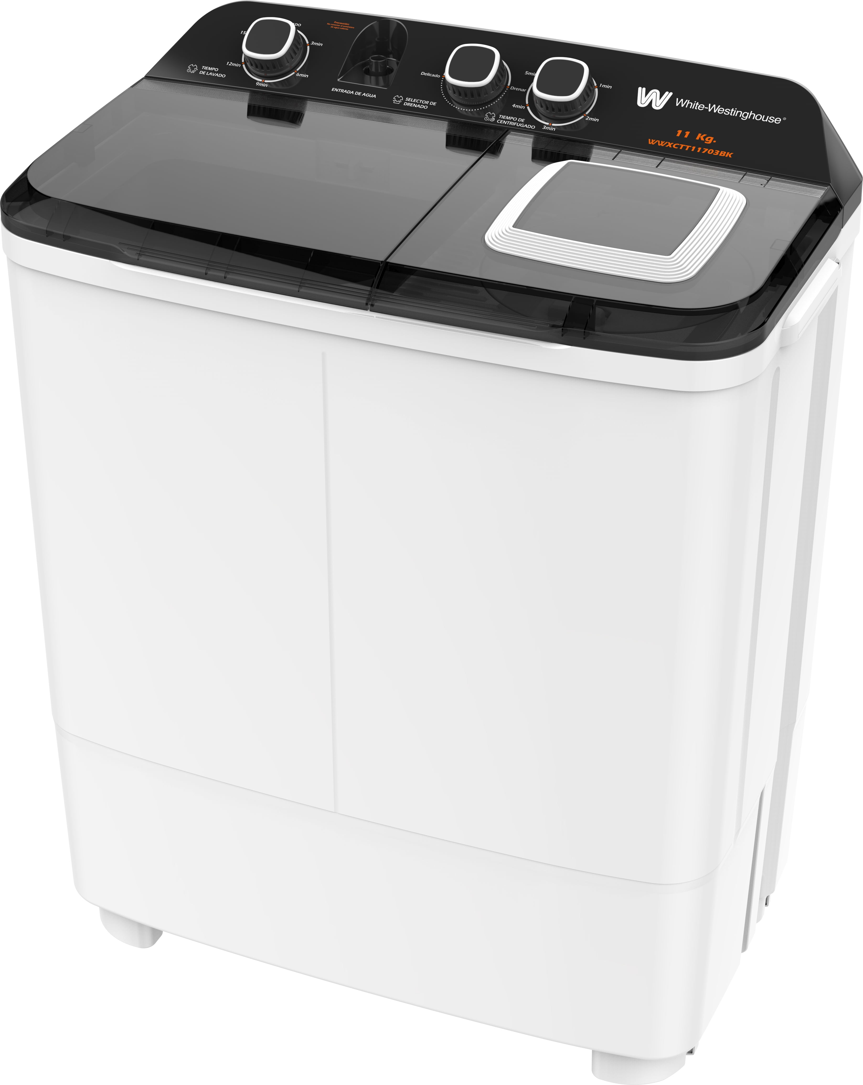 White Westinghouse Lavadora doble tina  11 kg  WWXCTT11703BK  Gabinete en polipropileno  4 niveles de agua  3 perillas de control  Bajo consumo de energía  Ahorro de agua